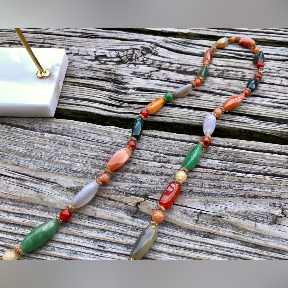 Vintage 70s Long Polished Stone Necklace Nice Quality Natural Earth Tones - Picture 4 of 6